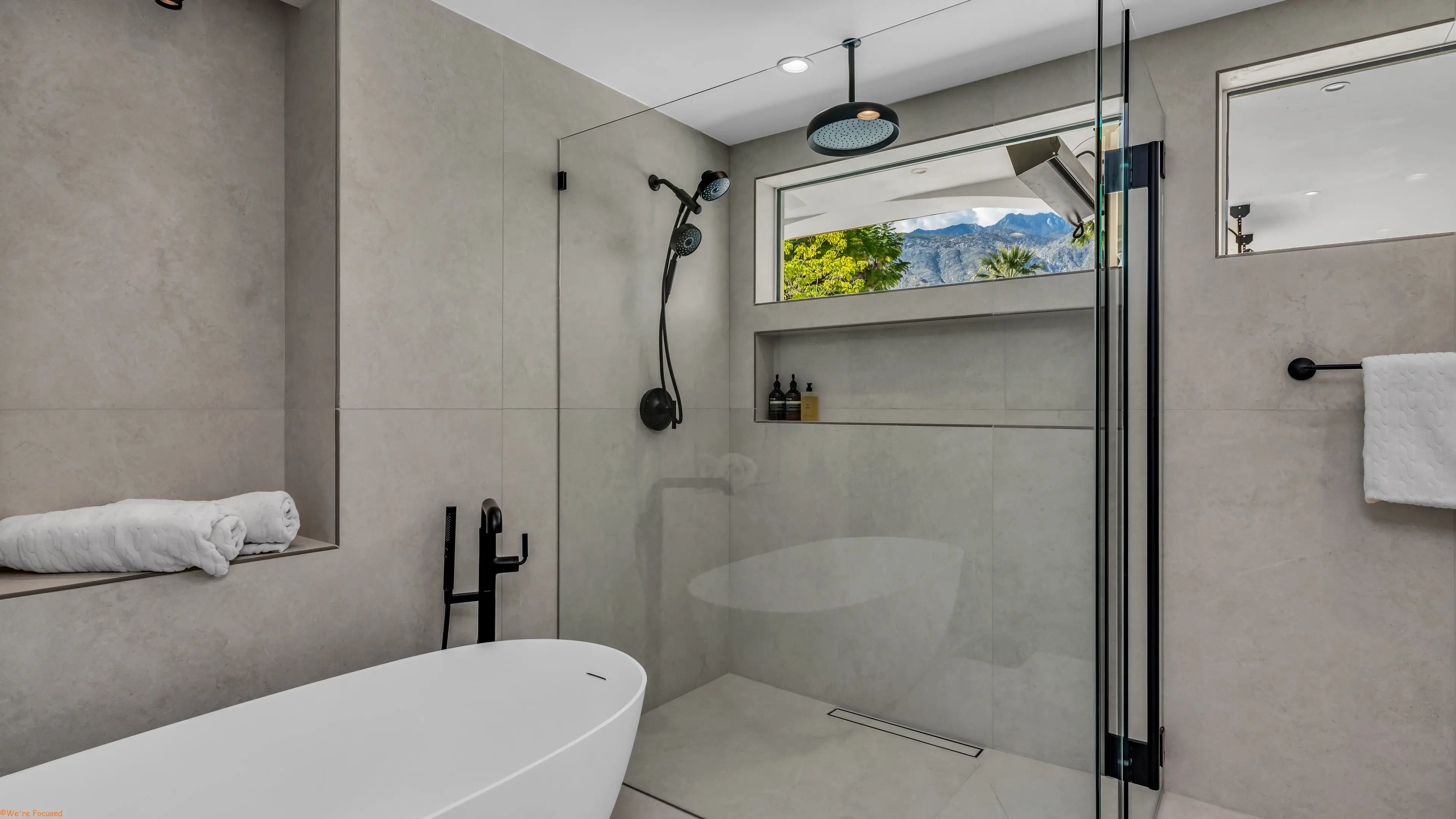 Tub and rain shower under a long window looking onto the mountains.