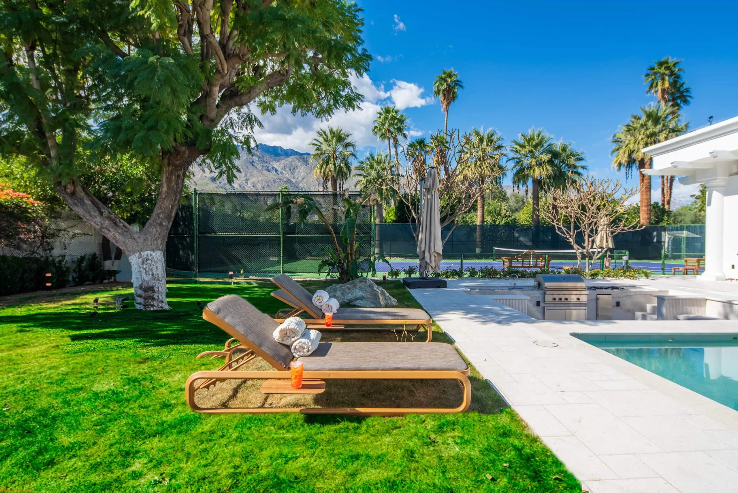 Loungers on the lawn beneath a mature tree, with palms and the mountains behind.